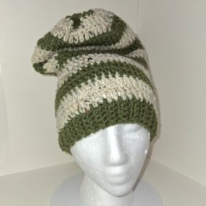 Beanie Slouchy Cap XL Green And Beige Striped Hat